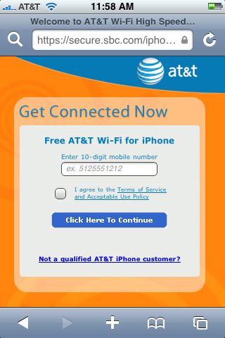 Login Screen for AT&T WiFi Access