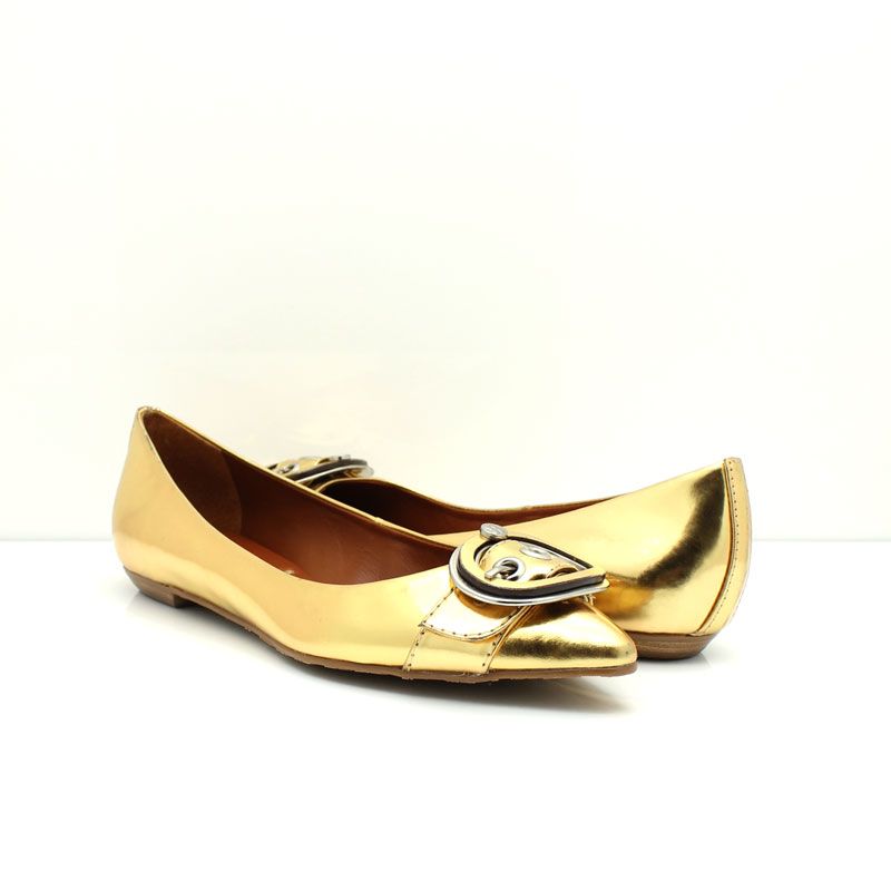 ... 289 BCBG Max Azria Emlyn Leather Buckle Pointy Flats Gold Shoes | eBay